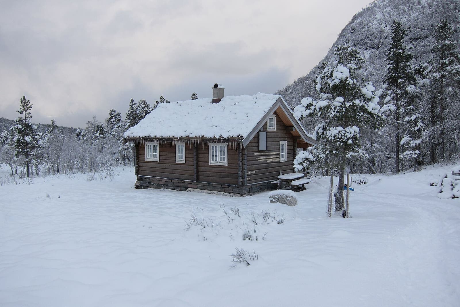 Log cabin with a snow-covered roof in a snowy mountain valley